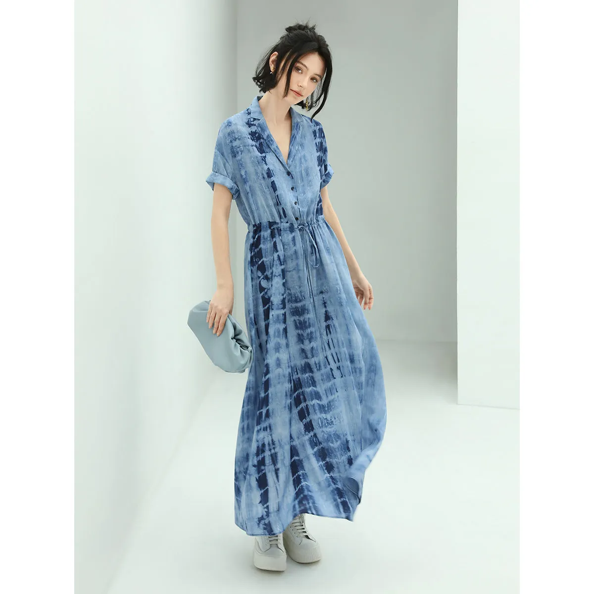 Summery Tie Dye Flowy Blue Shirt Dress