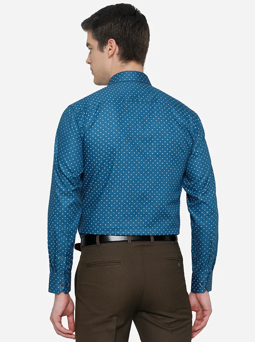 Teal Blue Printed Regular Fit Formal Shirt | JadeBlue