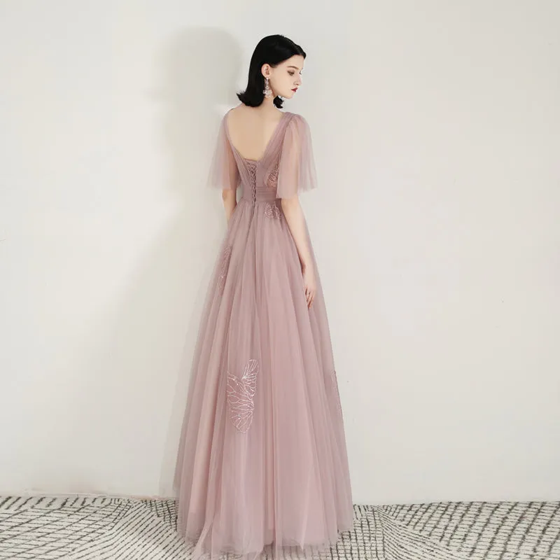 Unique Dusty Rose Long Flowy Prom Dress