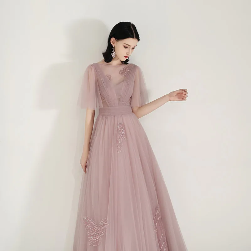 Unique Dusty Rose Long Flowy Prom Dress