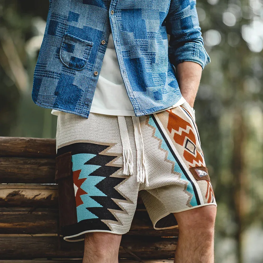 Vintage Navajo Totem Knitted Shorts - Casual Embroidery Geometric Beach Short Pants