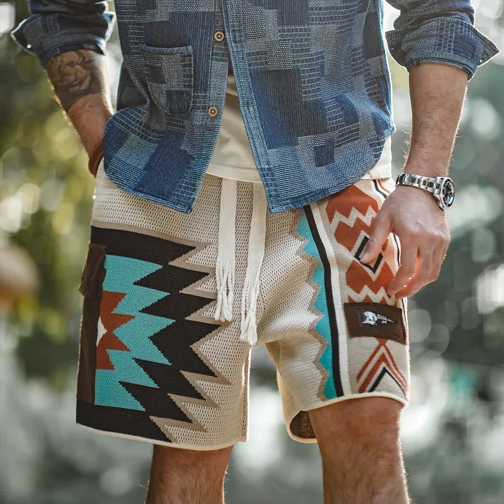 Vintage Navajo Totem Knitted Shorts - Casual Embroidery Geometric Beach Short Pants