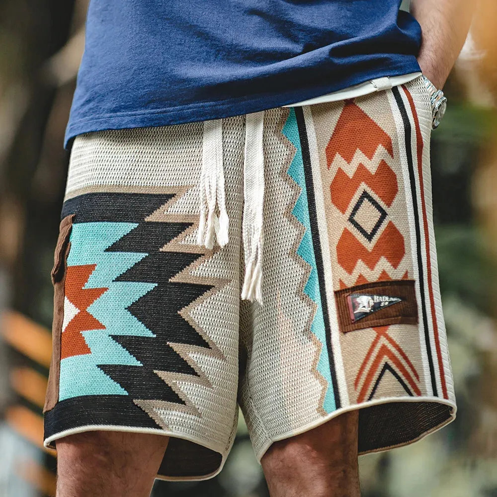 Vintage Navajo Totem Knitted Shorts - Casual Embroidery Geometric Beach Short Pants