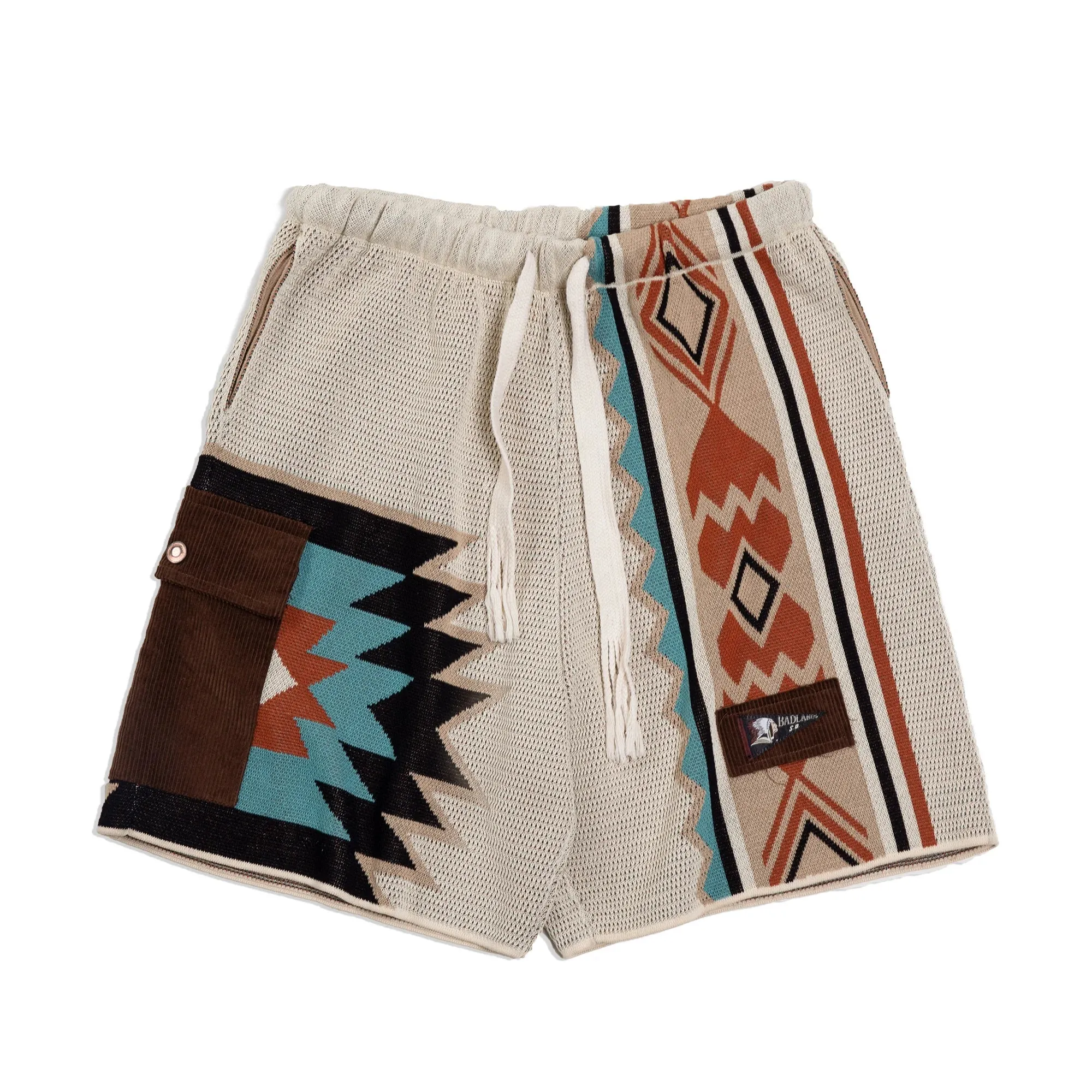 Vintage Navajo Totem Knitted Shorts - Casual Embroidery Geometric Beach Short Pants